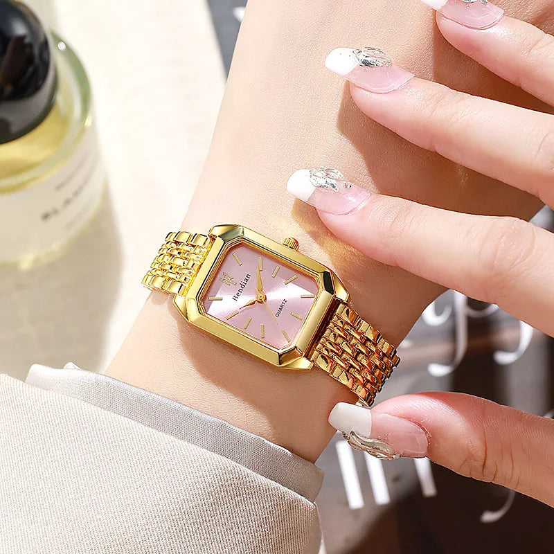 Women Watches Business Luxury Ladies Fashion Quartz Watch Simple Scale Square Quality Gold Plated Stainless Steel Folding Clock